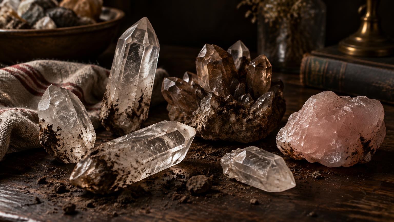 Natural raw quartz crystals, freshly found and brought home